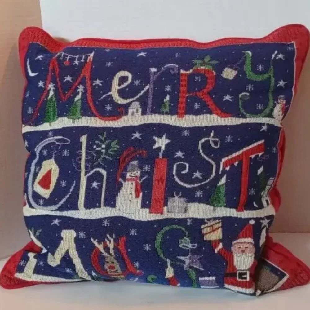 Vtg Merry Christmas Throw Pillow Decorative Tapestry Snowman, Santa, Deer 17